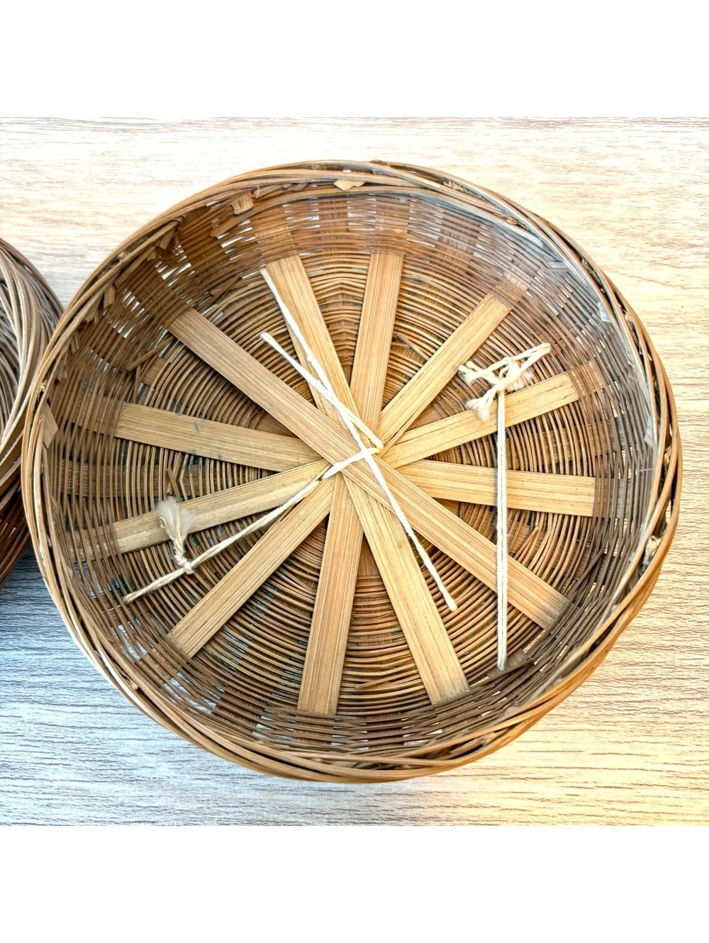 Woven Trinket Box Lidded Basket Colorful Bead Accents Boho Decor Rattan Bamboo